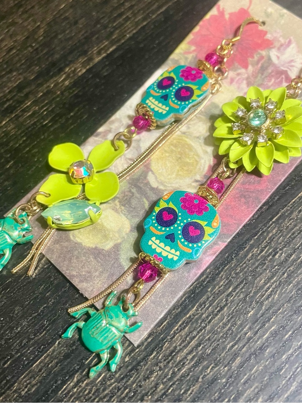 Lime Green and Teal Floral Sugar Skull Beetle Earrings with Crystal Accents - Picture 5 of 6